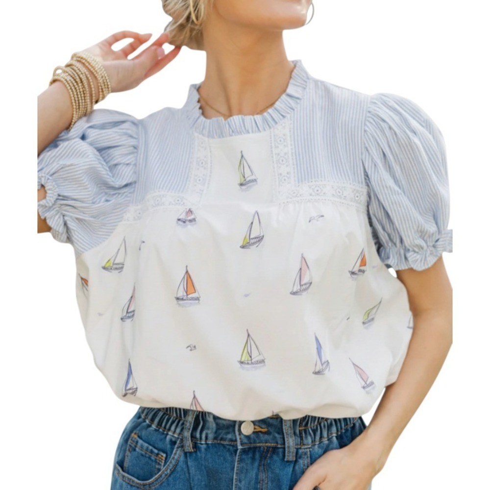 SHOP THE MINT Sailboat Boat Blouse Top WHITE/MULTI Puff Sleeve Lace Trim Lined L